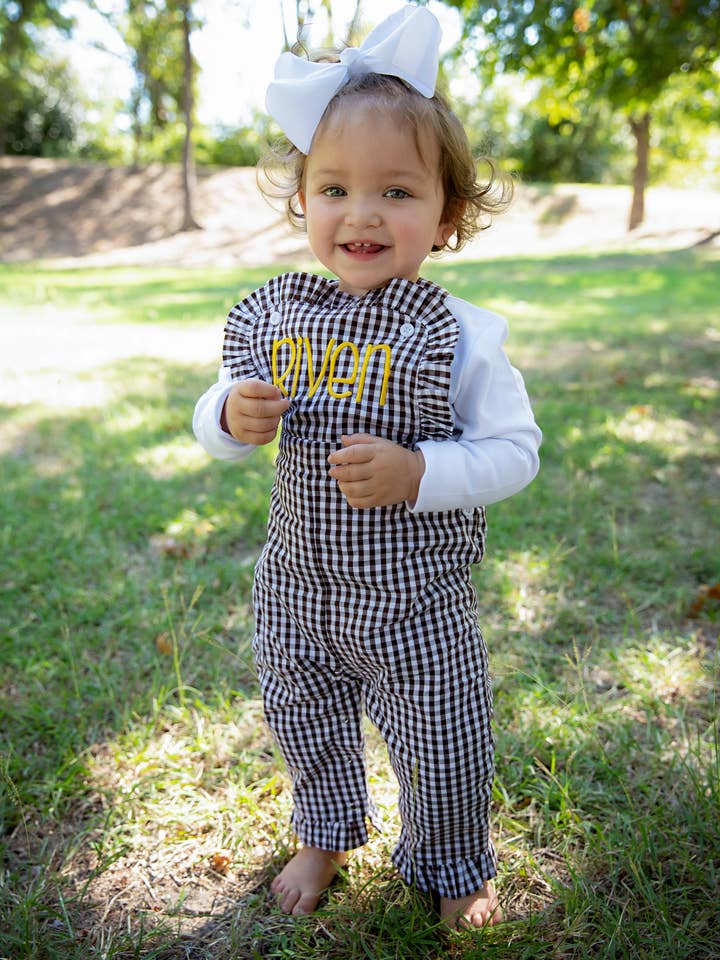 Girls Ruffle Longall- brown gingham for wholesale by Love That Cotton