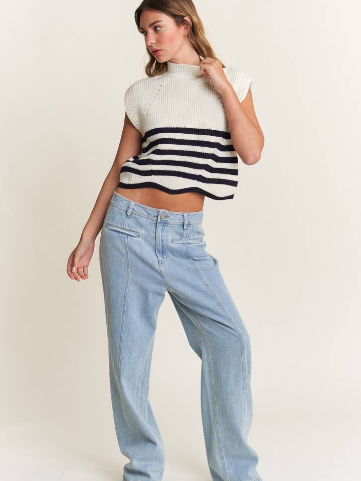 In The Beginning - Vente Pull en maille – femme - Pull sans manches à col roulé bleu marine/ivoire2