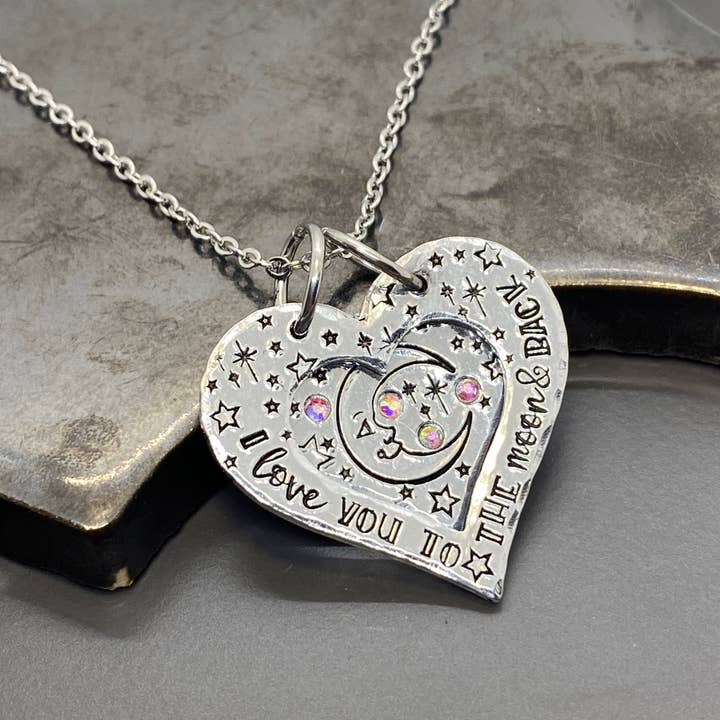 I Love You to the Moon & Back Crystal Heart Locket Necklace for wholesale by Stamped Serendipity