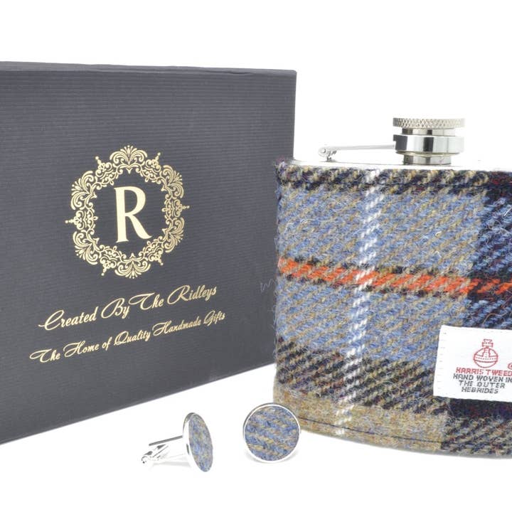 Harris Tweed 6oz Hip Flask with Matching Cufflink Gift Set for wholesale by Created By The Ridleys