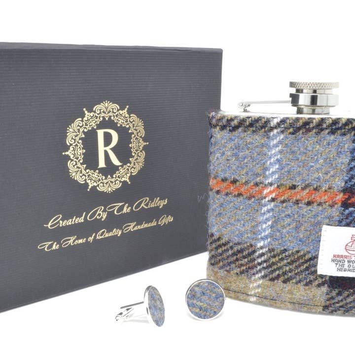 Created By The Ridleys – wholesale Flask – Harris Tweed 6oz Hip Flask with Matching Cufflink Gift Set12