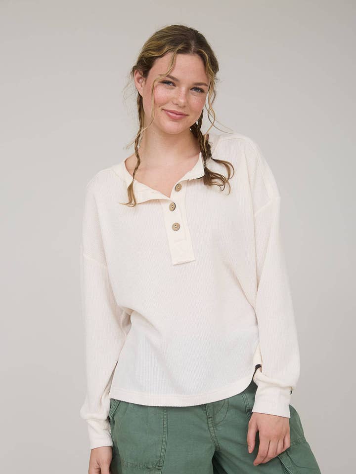 RIBBED HENLEY LONG SLEEVE KNIT TOP for wholesale by J.O.A