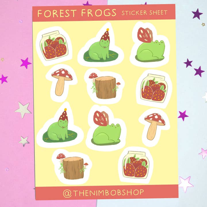 Forest Frogs Stickersheet - Cottagecore Frogs klistermærke sæt for engroshandel hos Nimbob