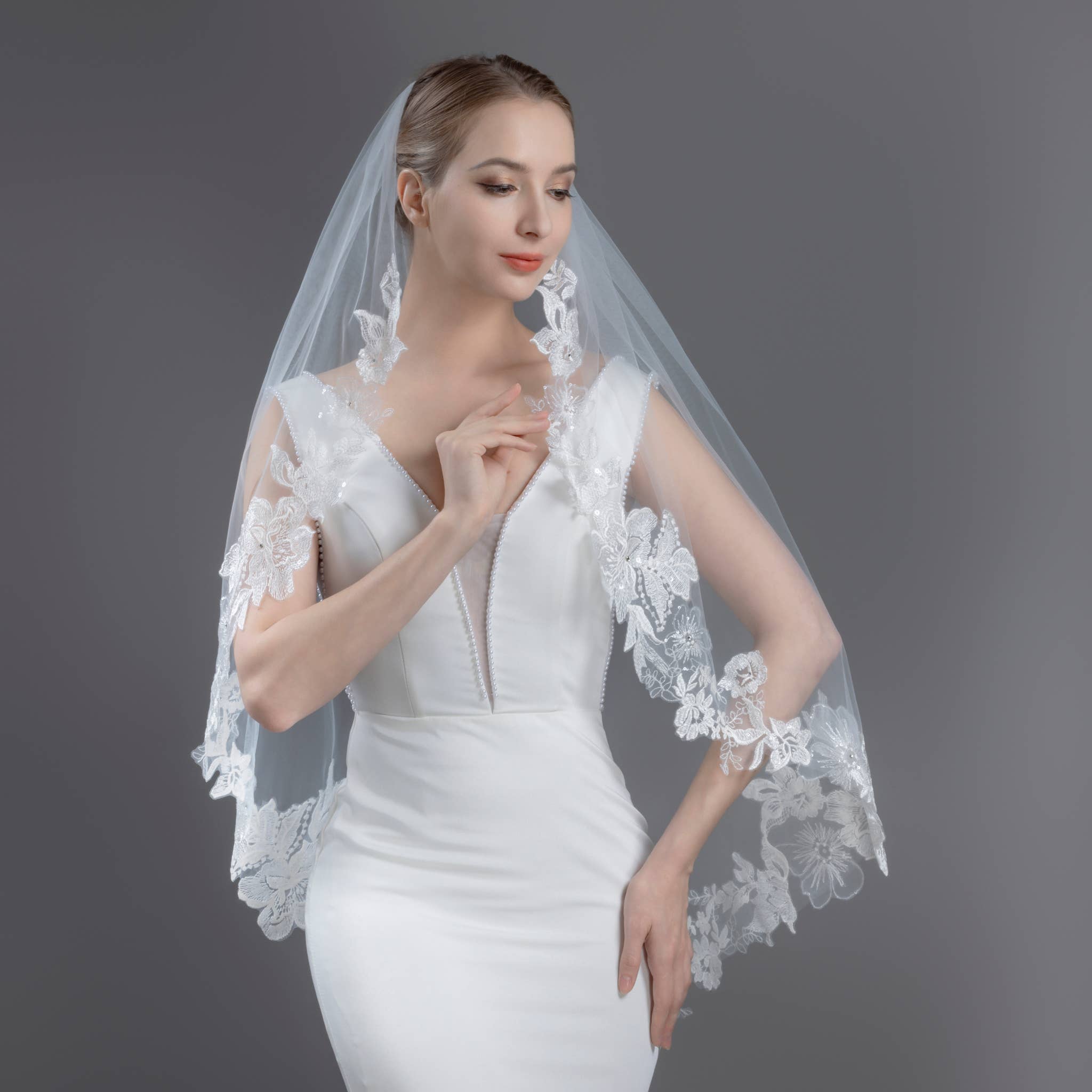 Farinosa Bridal - Venta al por mayor Velo - Mujer - Velo nupcial de encaje bordado con flores FS6231 en 96,5 cm, 127 cm, 274 cm y 305 cm10
