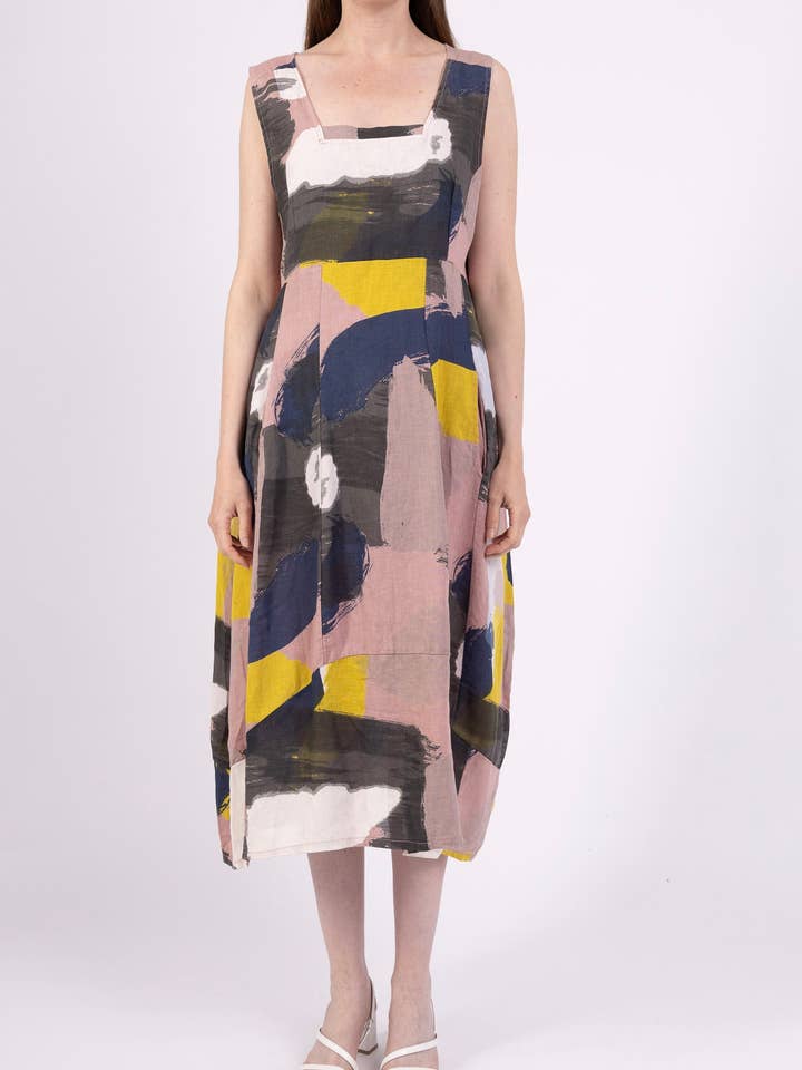 8119 DRESS WITH POCKETS IN LINEN, ABSTRACT ARTISTIC PRINT for wholesale by LINEN & COTTON HOUSE