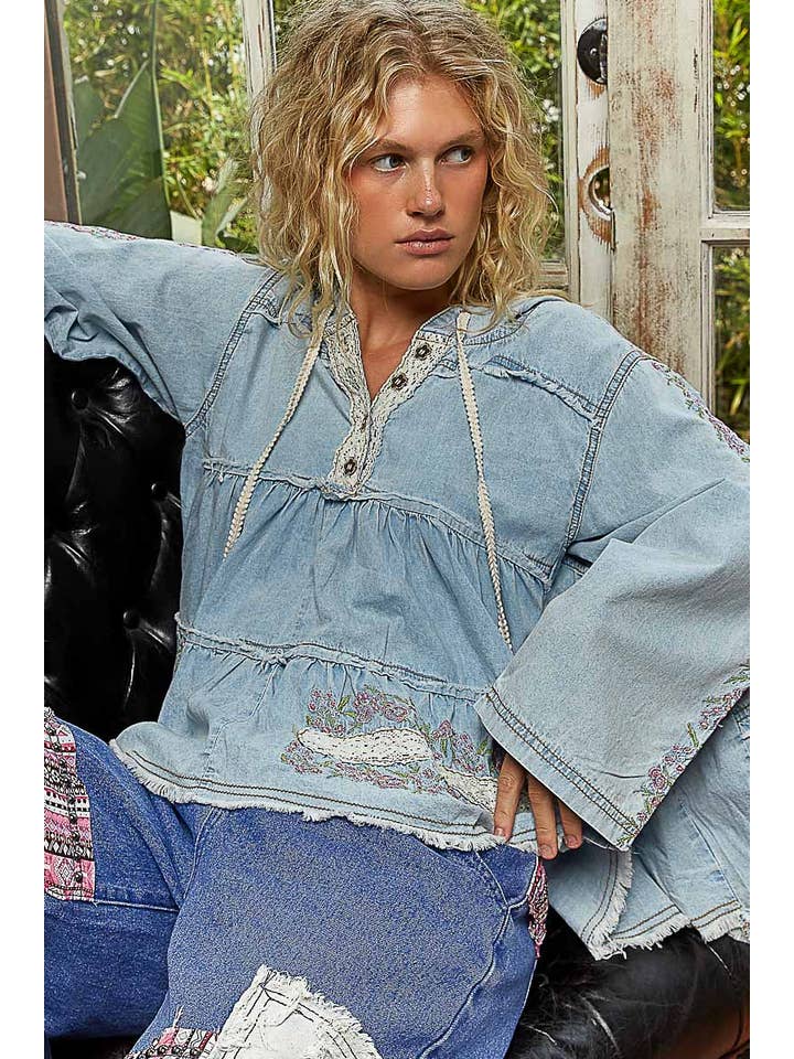 Pol Clothing - Wholesale Hoodie – Women's - Long Sleeve Double Gauze Embroidery Shirring Woven Top6