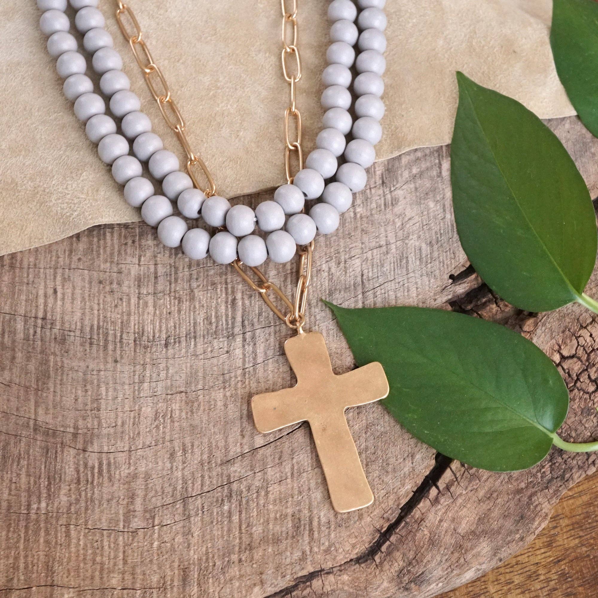 PennyLine inc - Wholesale Pendant/Charm Necklace - Multi Strand Wood Beads Short Statement Cross Necklace Grey0