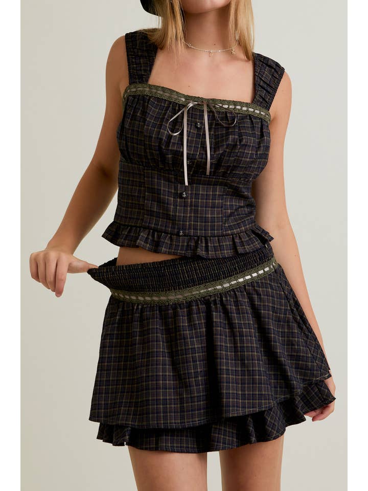 OLIVE NAVY PLAID SLEEVELESS TOP WITH TRIM DETAIL WITH MID RISE SKIRT for wholesale on Faire5