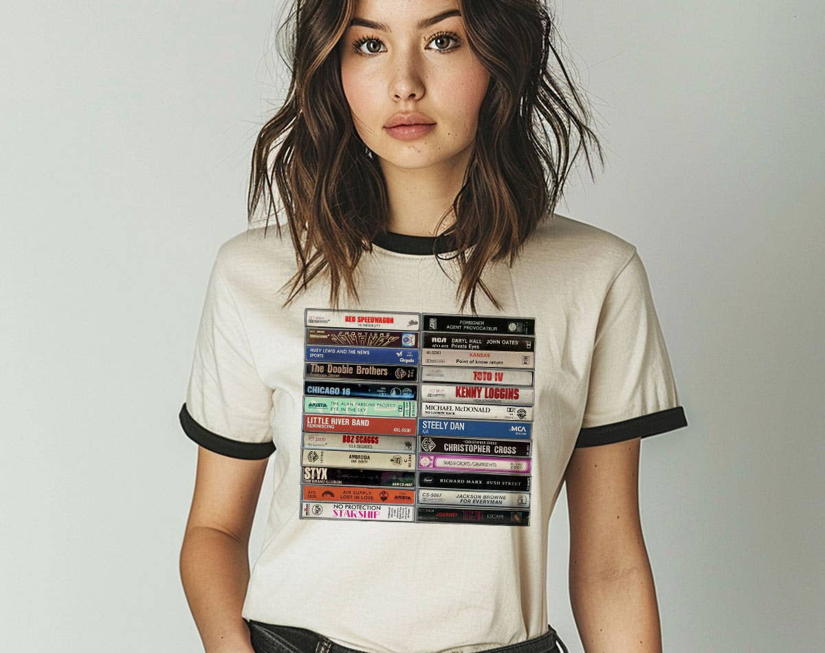 Naturel/Noir T-shirt à col contrasté 11oz avec cassette Yacht Rock en vente sur Faire