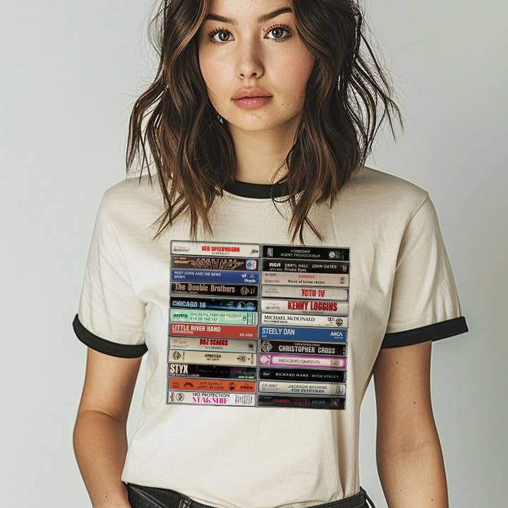 Camiseta Ringer de 11oz com Cassete de Yacht Rock por atacado de House Of Rodan