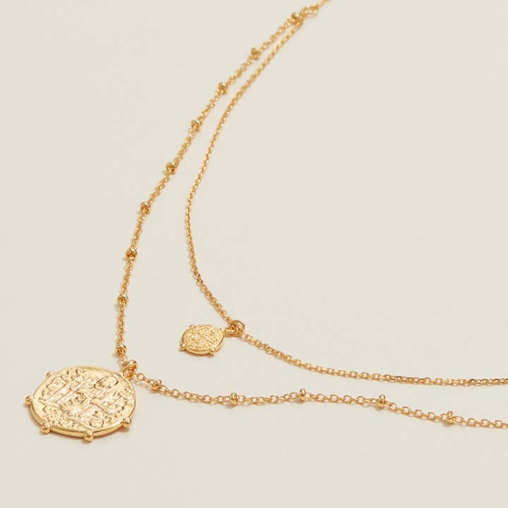 Layered Gold Necklace with Textured Coin Pendants for wholesale by Frem