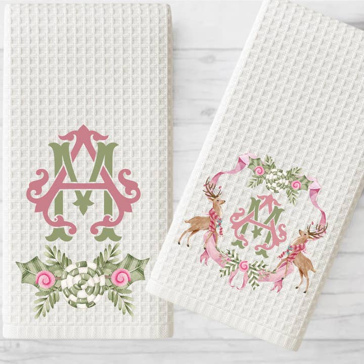 Personalized Pink & Green Christmas Tree Tea Towel for wholesale by Cottage & Club