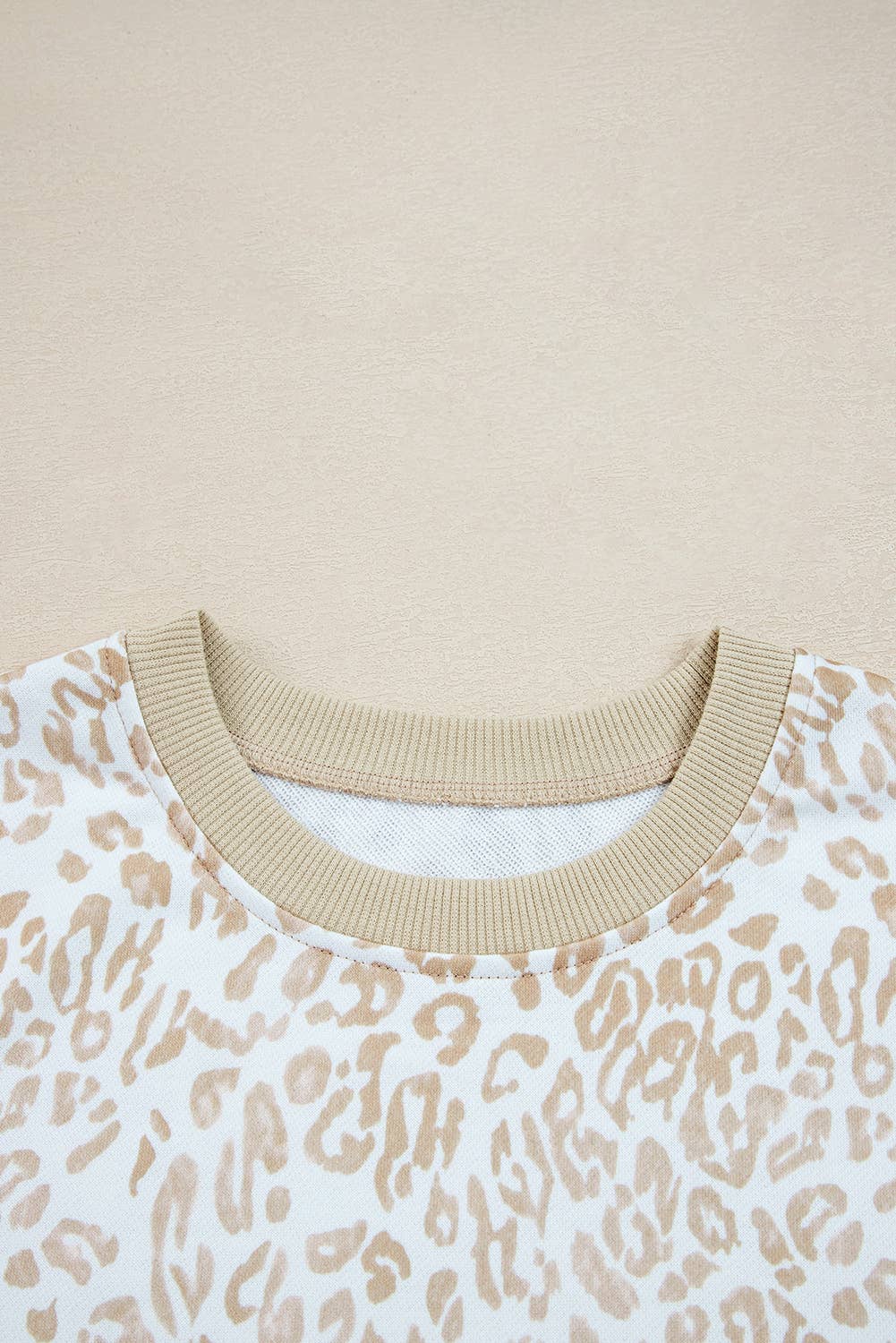 Beige Leopard Ruffle Ribbed Trim Round Neck Sweatshirt (S-4X) for wholesale on Faire6