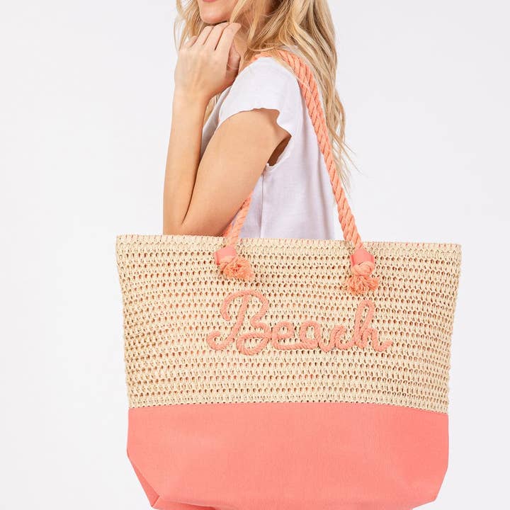 MiMi Wholesale - Wholesale Beach Bag - MB0266 Sewn Rope Beach Letter Color Straw Tote Bag