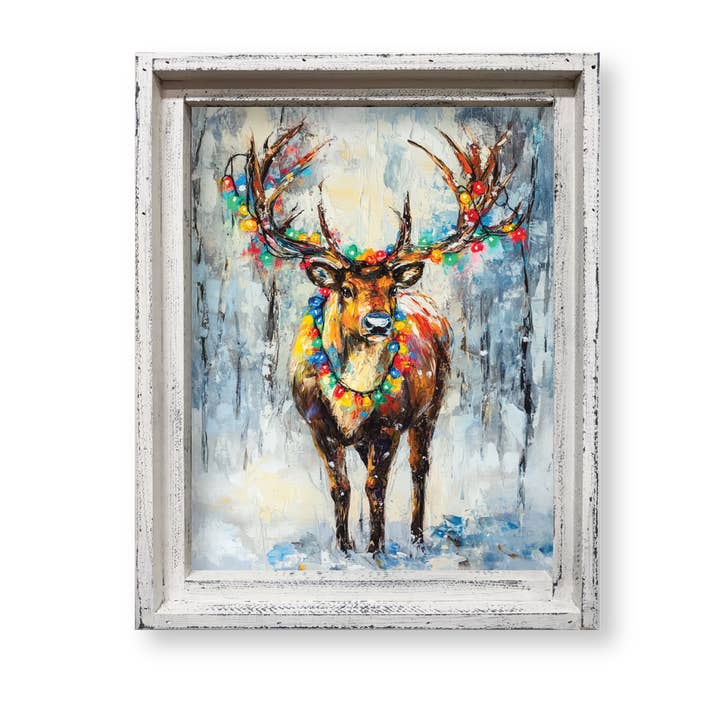 FRAMED CANVAS DEER WITH CHRISTMAS LIGHTS SNOWY WOODS for wholesale by Jarmz Designs