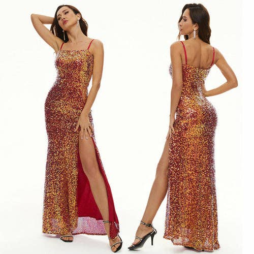 Symphony Sequin Dress Light Luxury Banquet Evening Dress Slit Sexy Lon for wholesale by Dope Gurl Magic