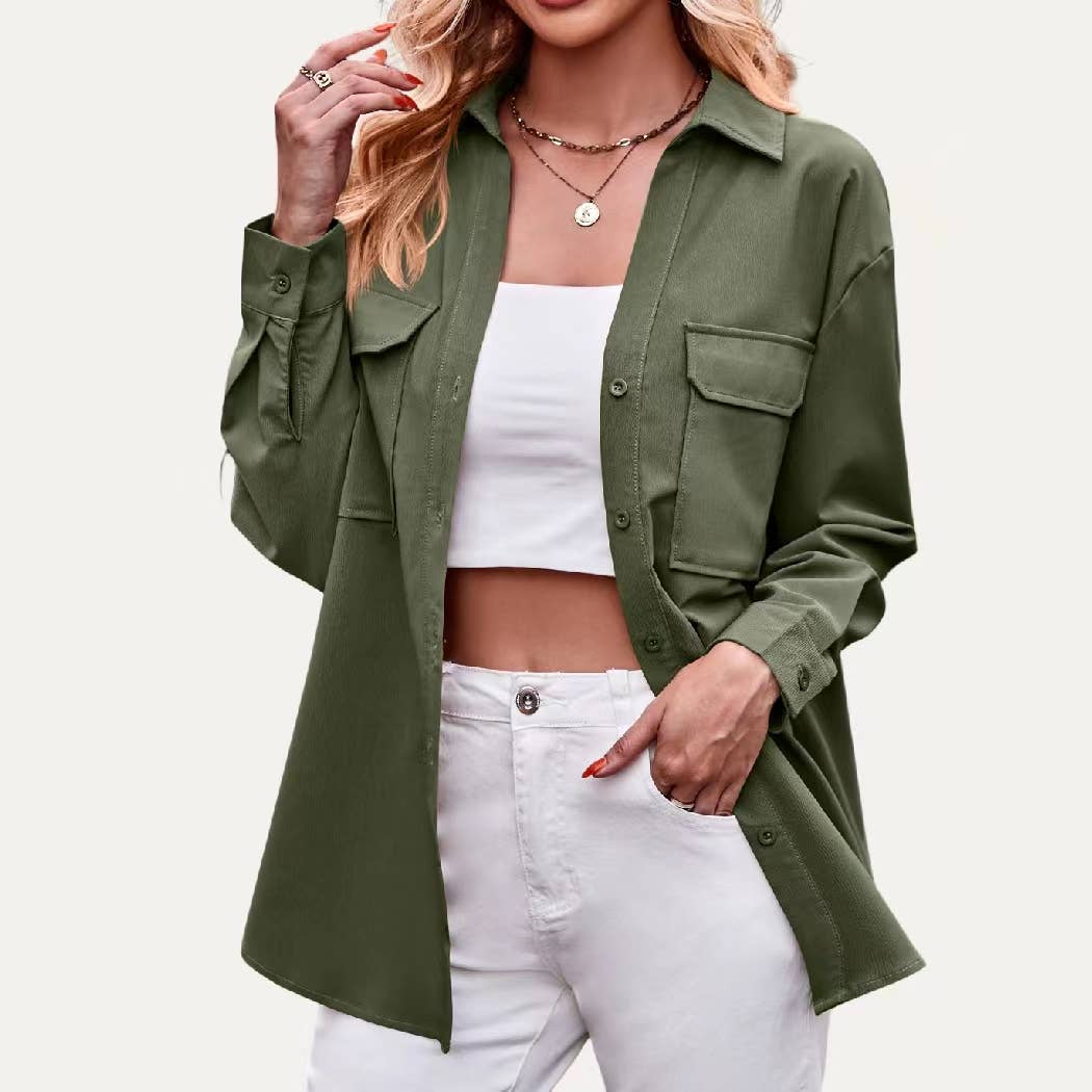 The Moment Collection – Engroshandel Skjorte med buttondown – til kvinder – Tekstureret Ensfarvet Halsudskæring Knap-Down Langærmet Top3