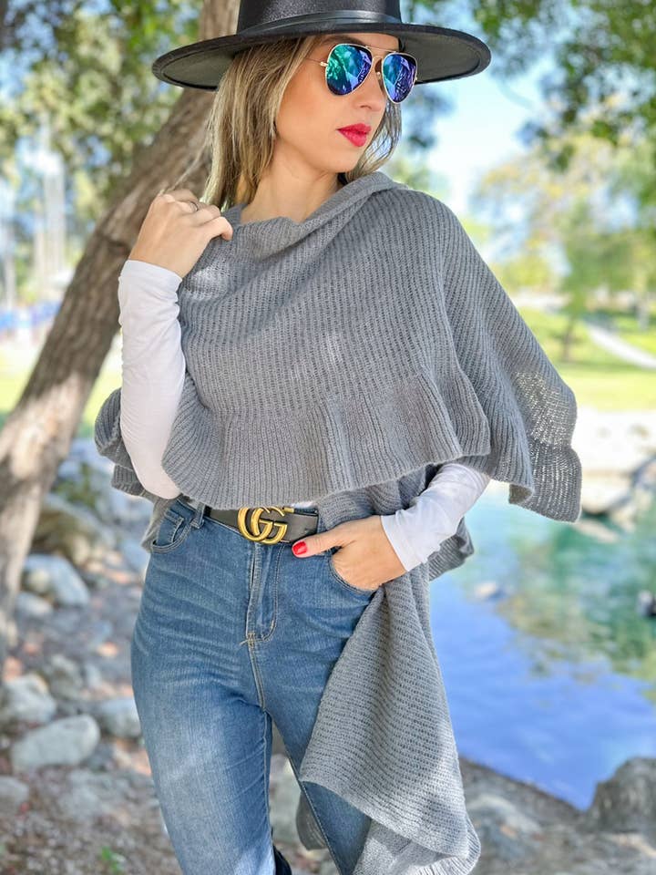 Soft Grey Ruffle Detail Open Front Lightweight Ruana Shawl for wholesale by AMOLI