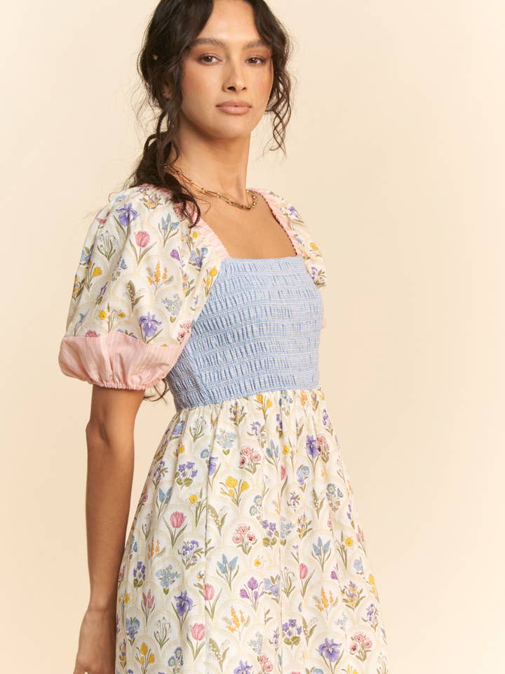 PASTEL YELLOW MULTI FLORAL BOUQUET WALLPAPER PUFF SLEEVE TIERED DRESS for wholesale on Faire5