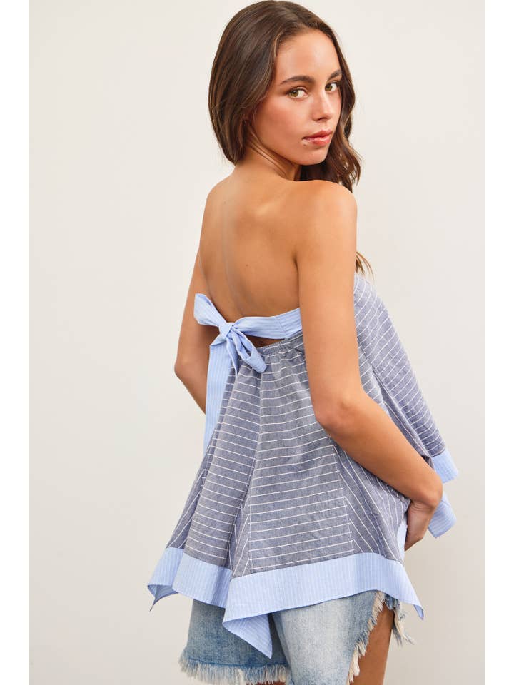 INDIGO TIED BACK ASYMMETRICAL TUBE TOP for wholesale on Faire