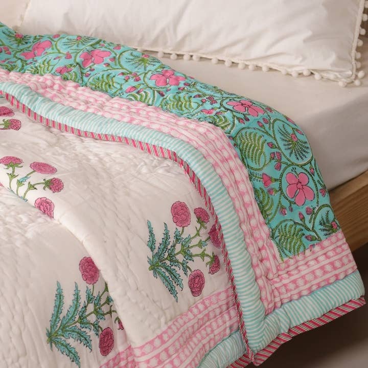 Handblock Printed Single Cotton Turquoise Jaipuri Quilt for wholesale on Faire1