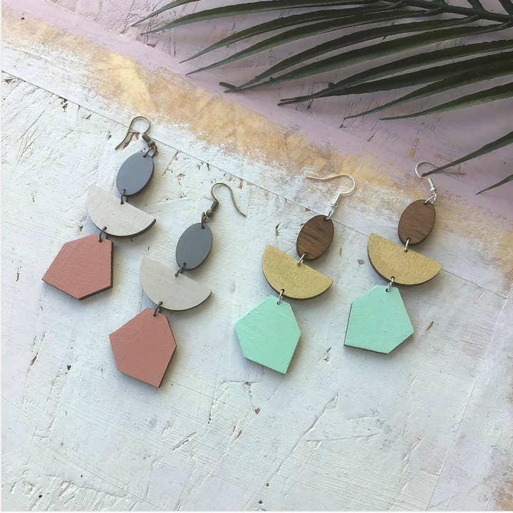 Abstract Gem Geometric Statement Drop Wooden Earrings for wholesale by Red Paper House