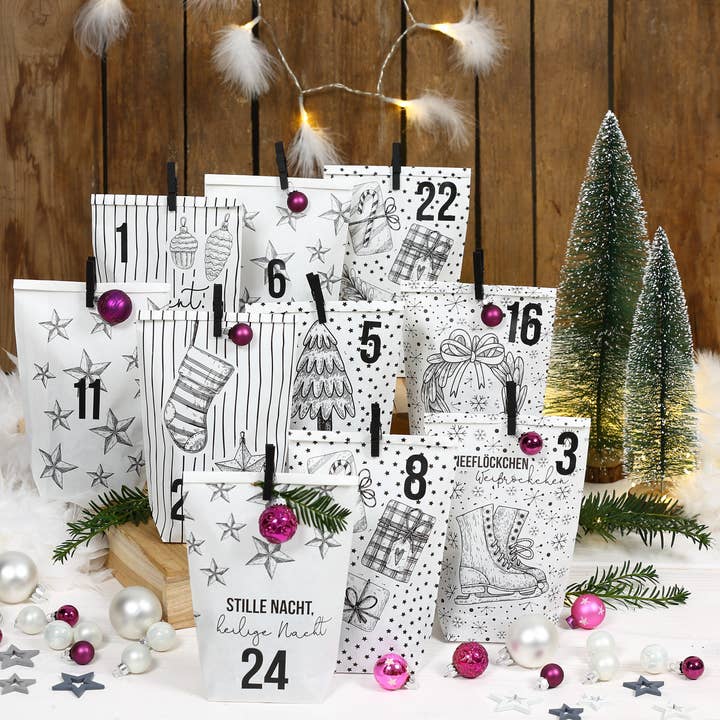 Papierdrachen - Wholesale Advent Calendar - Adv Printed bags white classic Christmas designs - set2