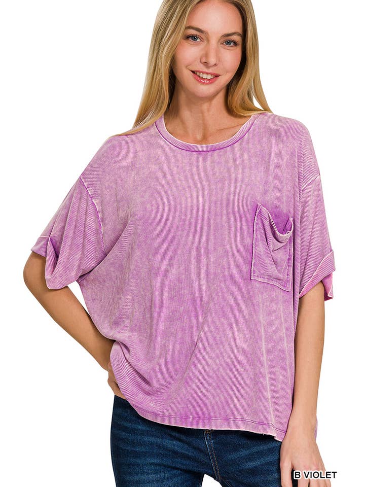 Vanilla Monkey - Wholesale Knit Top - Women's - Washed Ribbed Cuffed Short Sleeve Round Neck Top