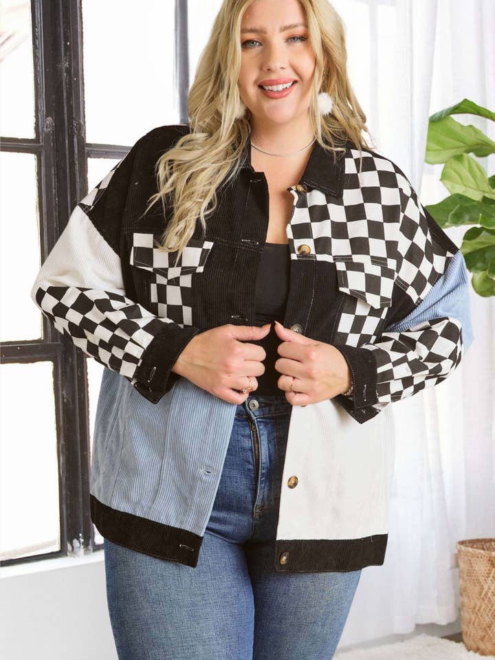 PLUS COLORBLOCK CORDUROY JACKET- LEJ2641X for wholesale by Madelyn