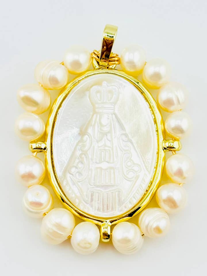 Hermita de la caridad del cobre fresh water pearl 18k gold filled mother of pearl pendant for wholesale by Bella Blu Designs