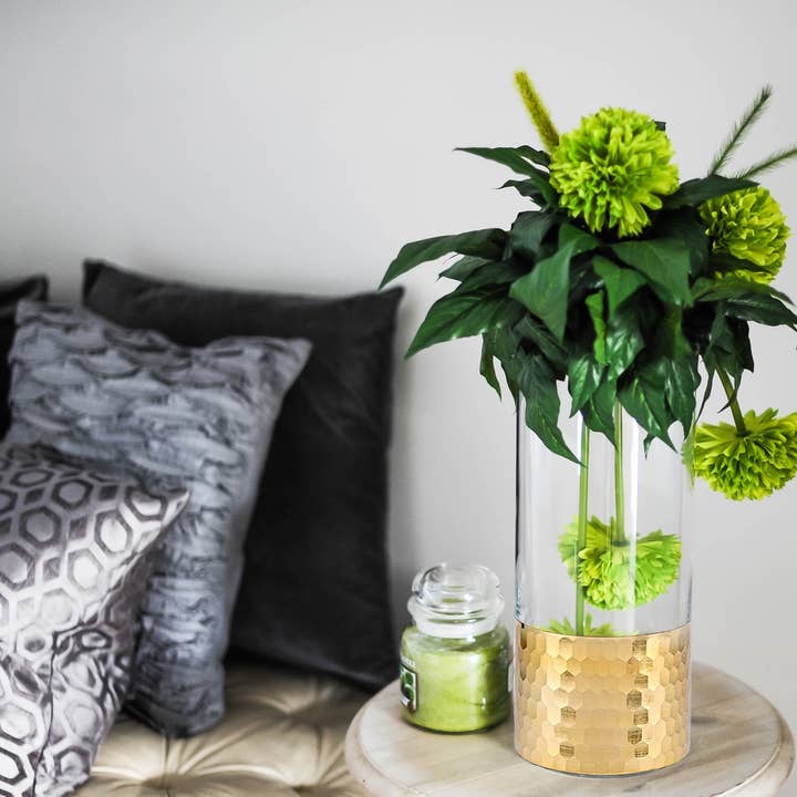 WGV International - Wholesale Vase - WGV Cylinder Glass Vase with Gold Foil Honeycomb - 4" x 8"H3