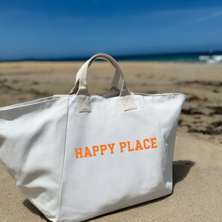 SAC TOTE HAPPY PLACE - Naturel avec Néon Orange NOUVEAU ! pour la vente par Quilted Koala
