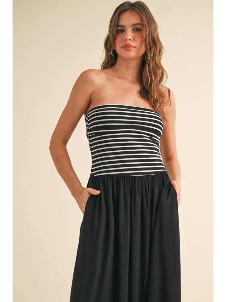 MIOU MUSE - Wholesale Dress - Women's - D4681 STRIPE RIBBED TOP WITH LINEN DRESS