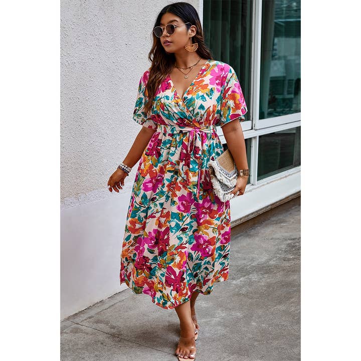 MULTI Plus Size Floral Print Cross Belt Fit Dress for wholesale on Faire