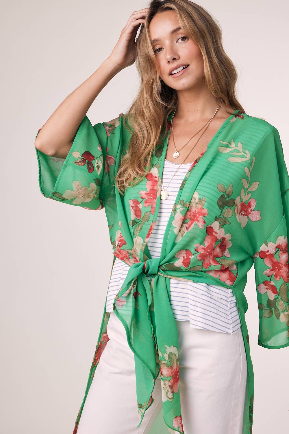 APPLE GREEN FLORAL CHIFFON KIMONO for wholesale on Faire4