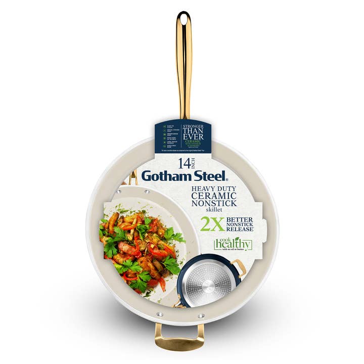 Gotham Steel/Granitestone - Vente Poêles - Poêle à frire ronde Gotham Steel bleu/crème avec manche doré de 14 po