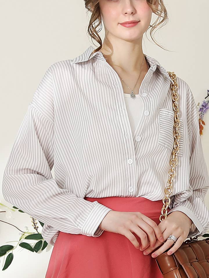 NINEXIS - Wholesale Button Down Shirt - Women's - CWTSTL704_Striped Button Down Long Sleeve Collared Shirts19