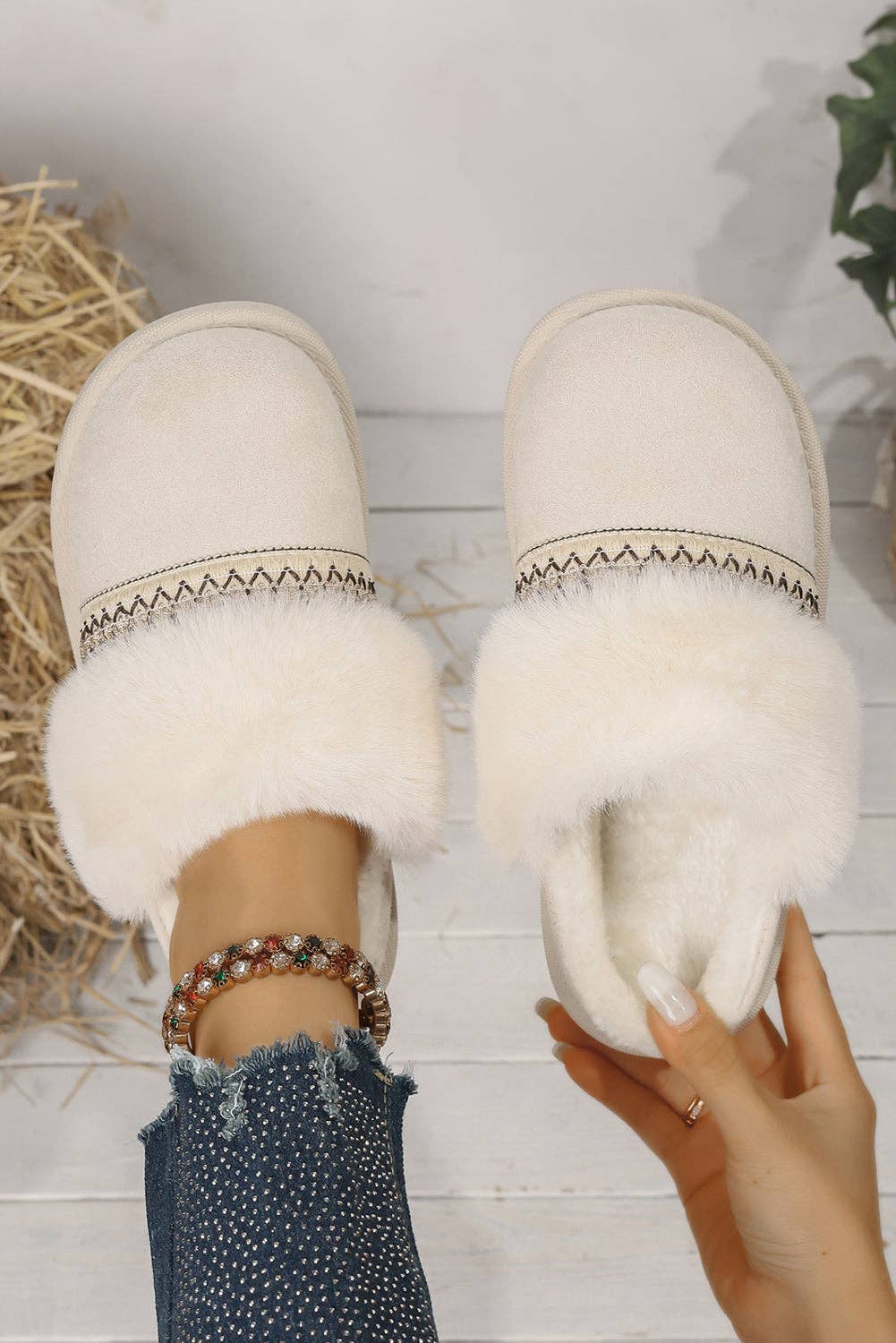Lovesoft - Wholesale Slippers - Women's - Faux Suede Plush Trim Ethnic Mule Slippers10