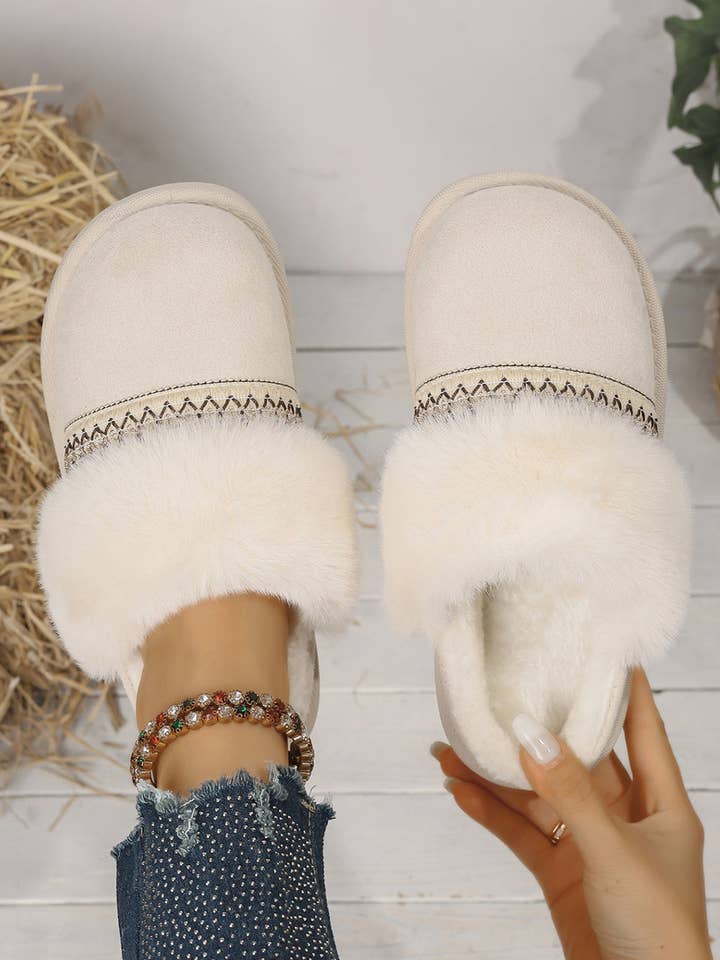 Lovesoft - Wholesale Slippers - Women's - Faux Suede Plush Trim Ethnic Mule Slippers10