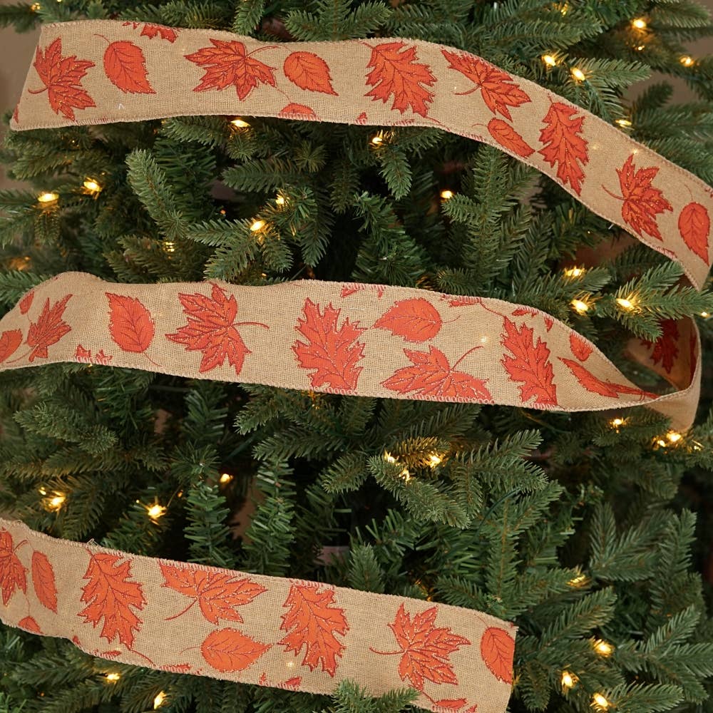 Impressive Enterprises, Inc. - Wholesale Ribbon - Gift Wrapping - R32911-Wired Ribbon-Burlap with Fall Leaves  (2.5inW)5