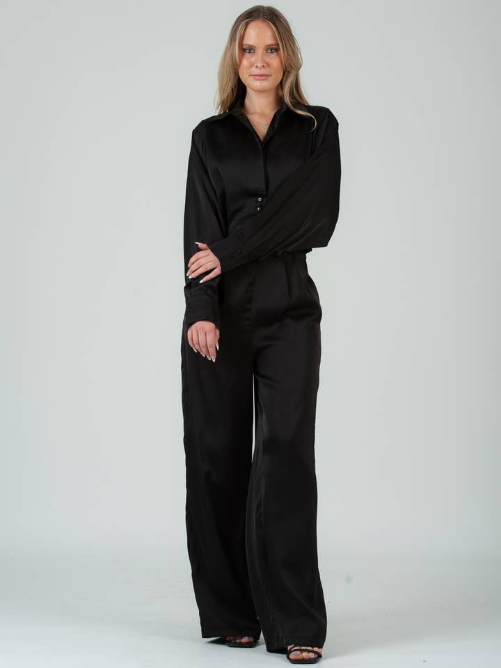 Set completo pantalone in satin-nero per la vendita all'ingrosso da parte di Lucca Couture