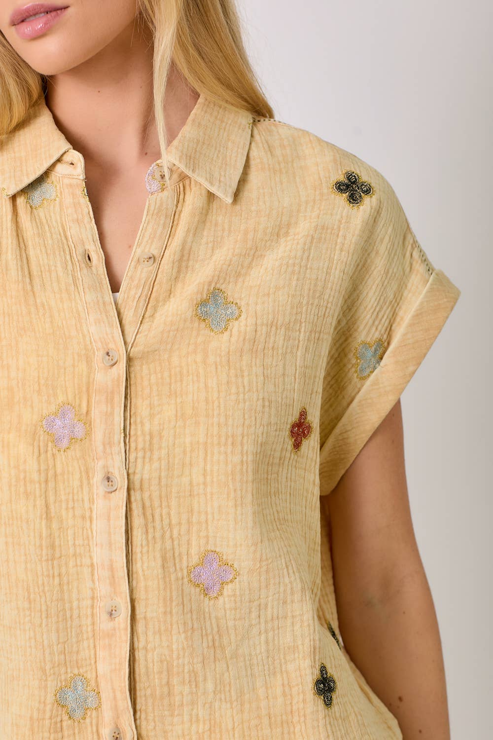 Mystree - Vente Chemise à col boutonné – femme - Haut brodé lavé 609586