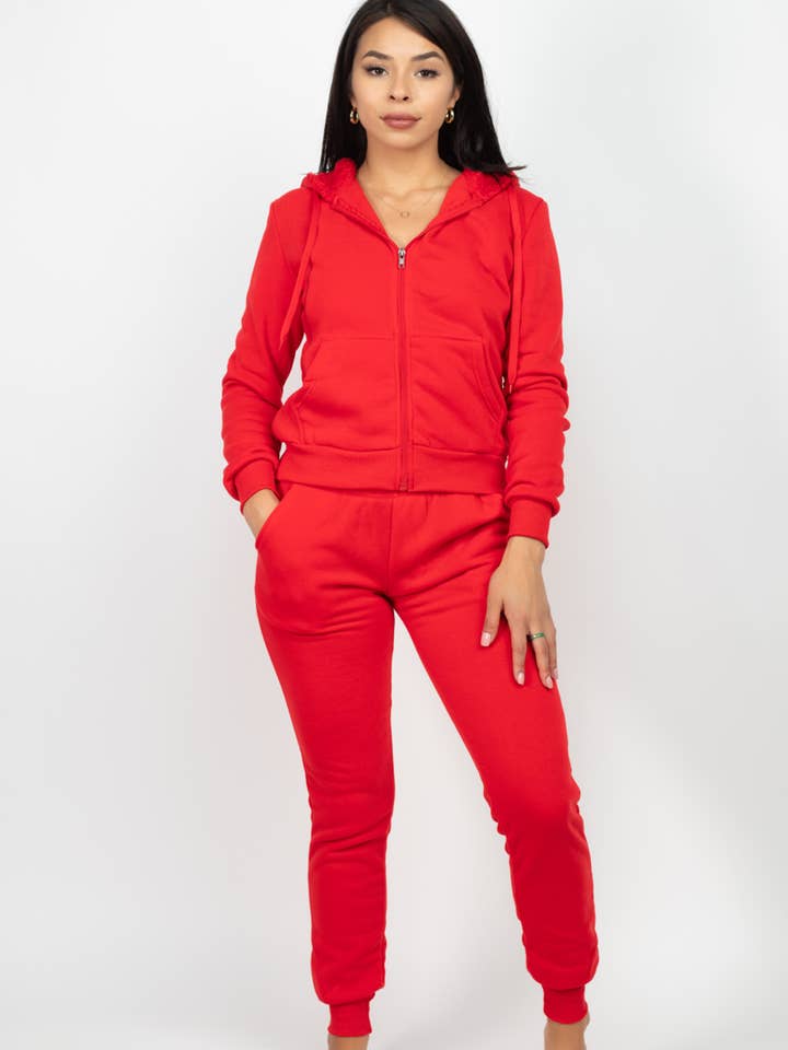 2BFREE FLEECE ZIP UP FUR TRIM HOOD SWEATSUIT for wholesale by GQ WEAR INC