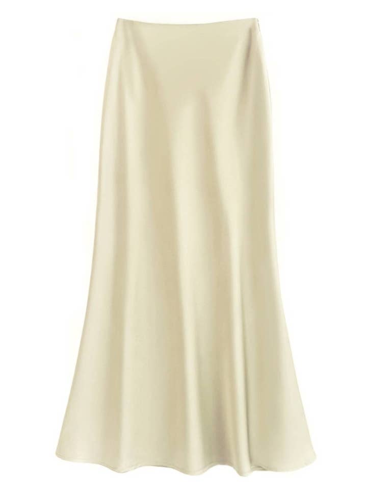 Sweetkama - Wholesale Skirt - Women's - Ladies Satin Elastic Wait Pearlescent Midi Skirt SKS5045317