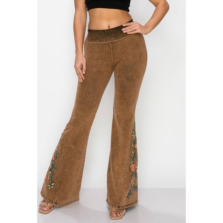 CAMEL Mineral Wash Floral Embroidery Flare Pants for wholesale on Faire1