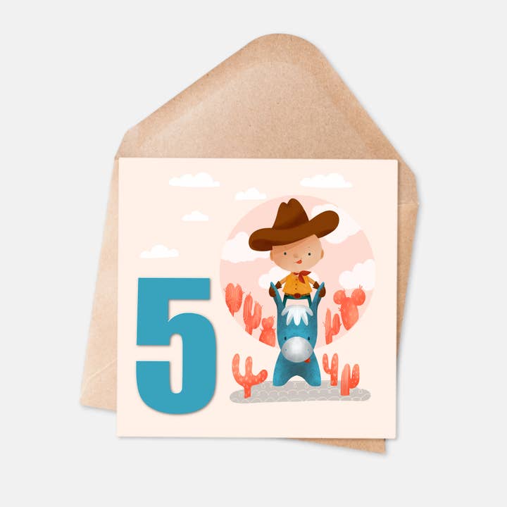 Carte d'anniversaire Cowboy pour 5 ans pour la vente par Ilana Ewing Designs