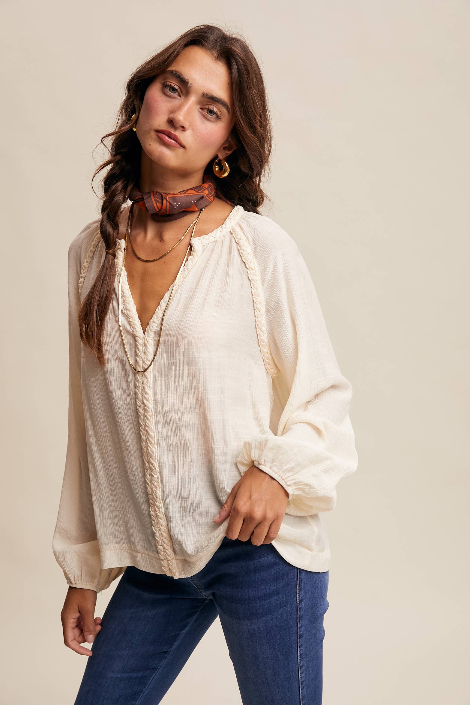 Listicle - Wholesale Blouse - Women's - Braided Trim Peasant Blouse LT14476