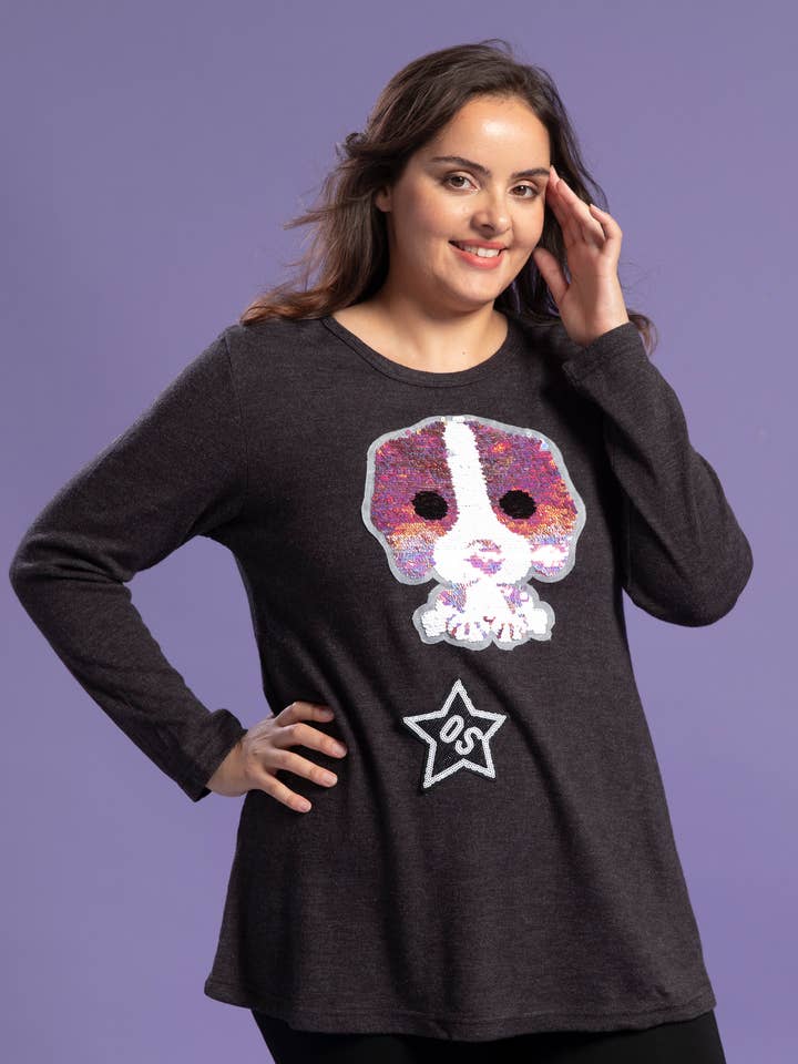 Stor grå sweater med pailletmønster (A907) for engroshandel hos Pomme Rouge Paris