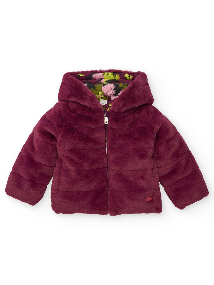 Burgundy fur jacket for girl with hood for wholesale by tuc tuc