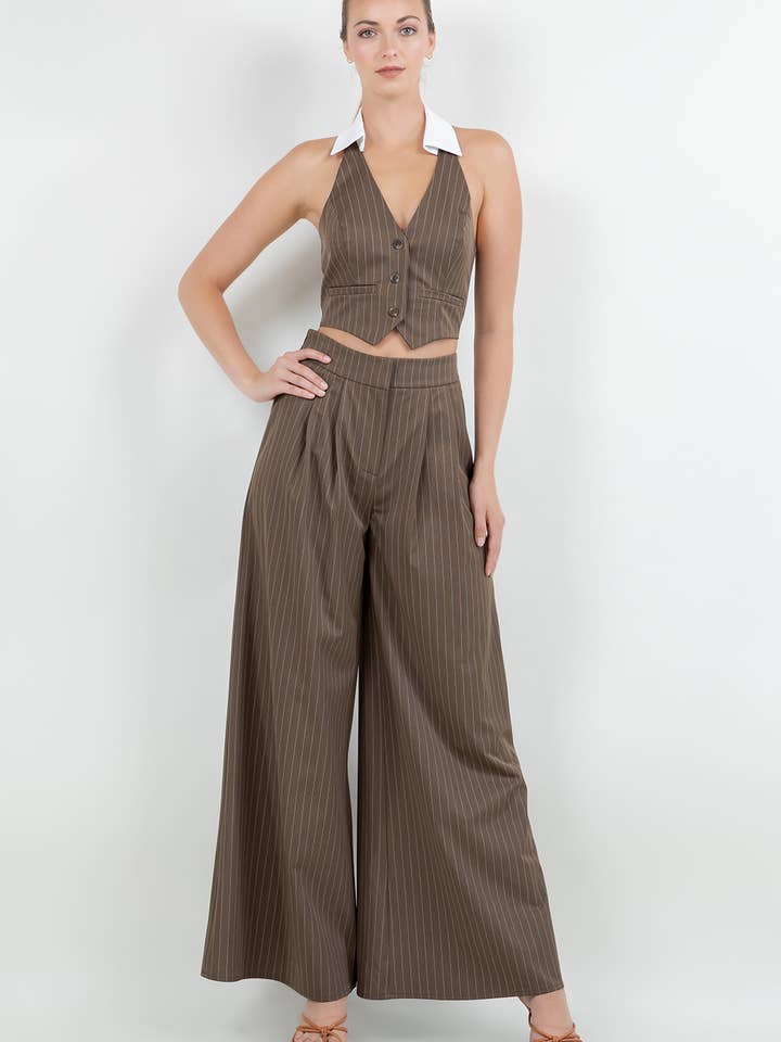 SM5928 GESTREEPTE MOUWLOZE VEST EN WIJDE BROEKEN SET voor wholesale door Miss Avenue